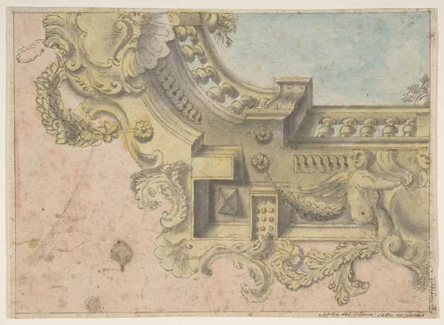 Design for a Decorated Ceiling with Putti and Garlands and a Forshortening of a Balustrade Around an Oculus. by Michelangelo Colonna, drawing, 1600-1700