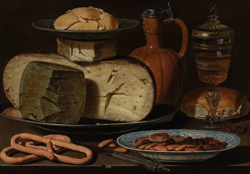 Still Life with Cheeses, Almonds and Pretzels by Clara Peeters, painting, 1615