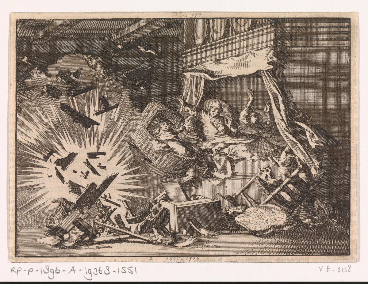 Ontploffing van een bom in een huis aan de Ebbingestraat te Groningen, 1672 by Jan Luyken, print, 1698