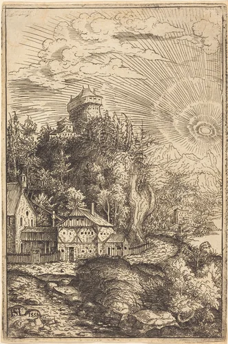 Landscape with a Castle and Radiating Sun by Hanns Lautensack, print, 1553