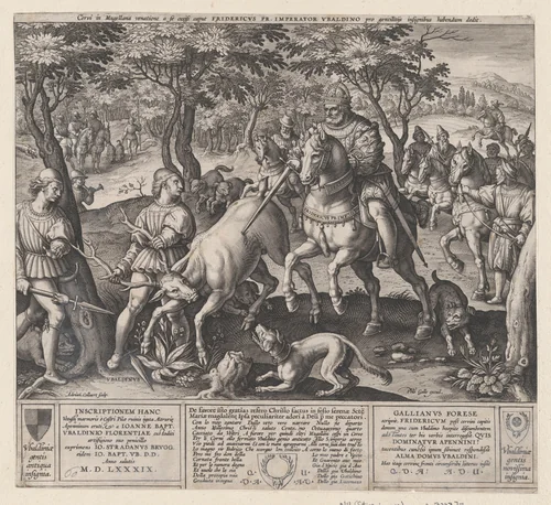The Deer Hunt of Emperor Frederick I Barbarossa and Ubaldino Ubaldini by Jan van der Straet, print, 1589