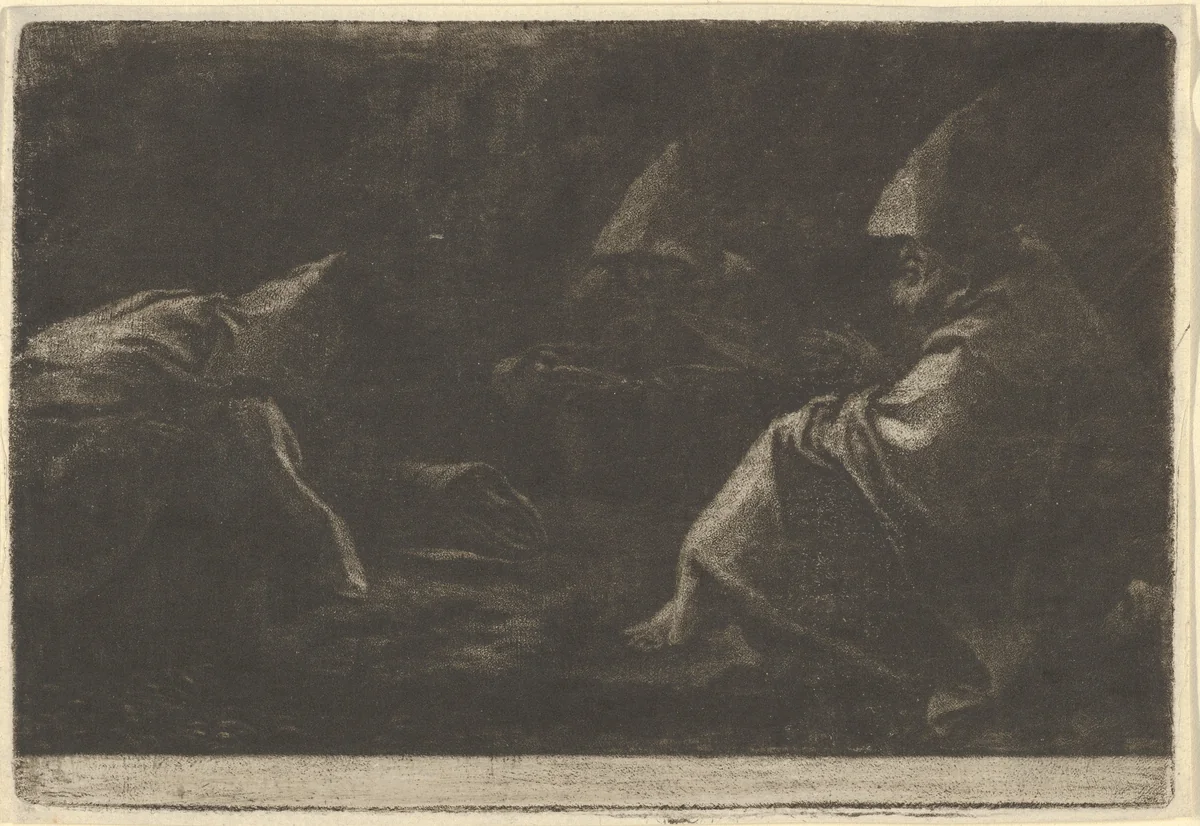 Three Capuchins Seated by Allart van Everdingen, print, 1621-1675