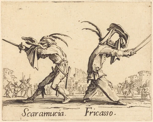 Scaramucia and Fricasso by Jacques Callot, print, 1622