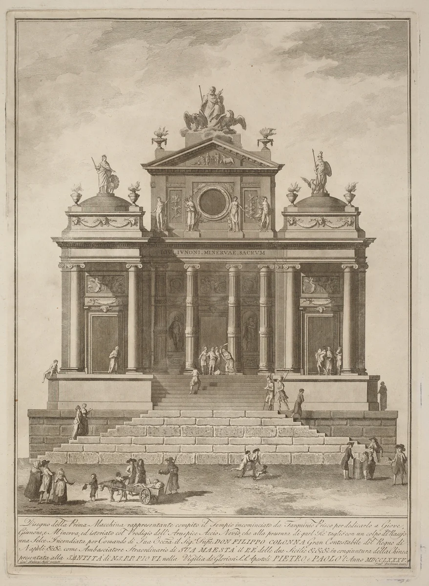 The Prima Macchina for the Chinea of 1785: The Temple of Jupiter Begun by Tarquinius Priscus with the Marvel of Accius Naevius by Francesco Barbazza; Giuseppe Palazzi, print, 1785