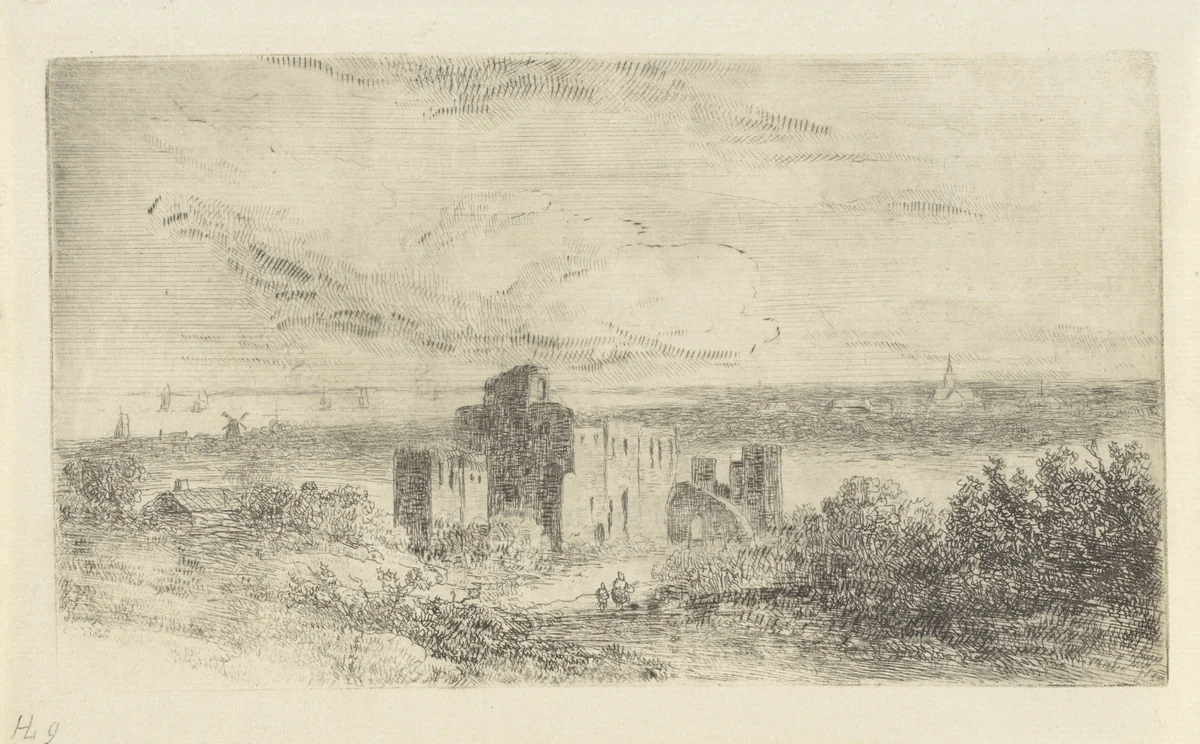 Kustlandschap met ruïne by Johannes Pieter van Wisselingh, print, 1830-1878