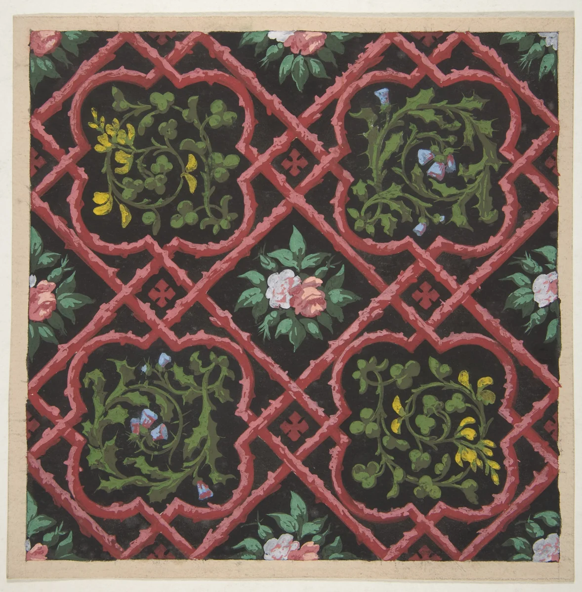 Design for wallpaper featuring flowers and latticework by Jules-Edmond-Charles Lachaise, drawing, 1830-1897