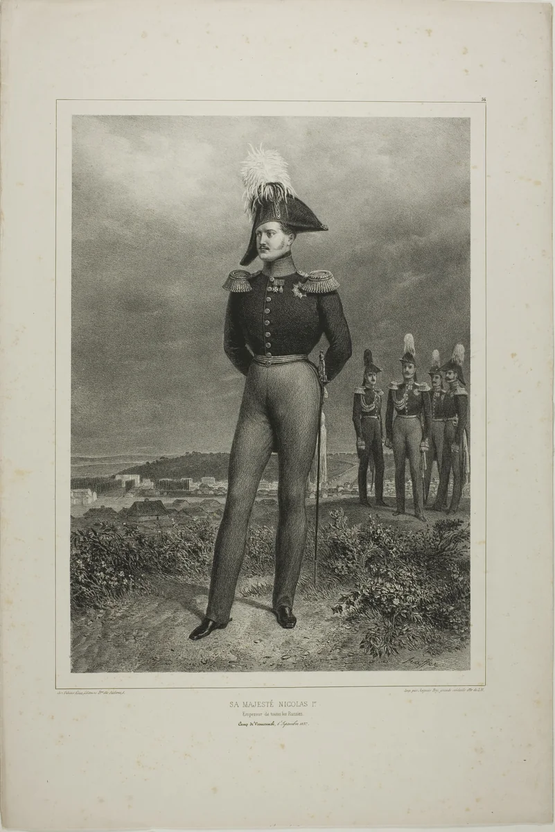 His Majesty Nicolas I, Emperor of all Russia, Camp Vosnessensk, October 6, 1837 by Denis Auguste Marie Raffet, print, 1842-1845