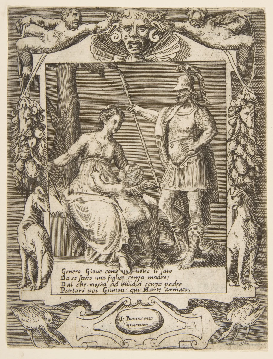 Juno, Mars and Cupid, set within an elaborate frame, from "Loves, Rages and Jealousies of Juno" by Giulio Bonasone, print, 1531-1576