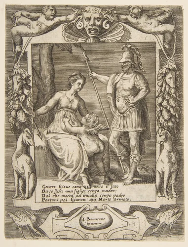 Juno, Mars and Cupid, set within an elaborate frame, from "Loves, Rages and Jealousies of Juno" by Giulio Bonasone, print, 1531-1576