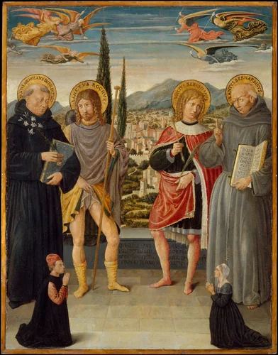 Saints Nicholas of Tolentino, Roch, Sebastian, and Bernardino of Siena, with Kneeling Donors by Benozzo Gozzoli, painting, 1481