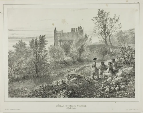 The Château of Count Woronzoff, Aloupka, Crimea, August 12, 1837 by Denis Auguste Marie Raffet, print, 1840