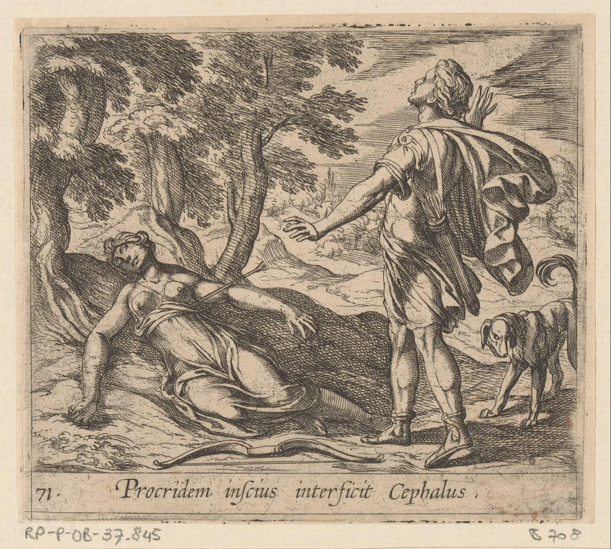 Procris dood door de magische speer van Cephalus by Antonio Tempesta, print, 1606