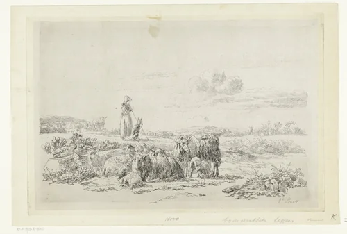 Landschap met herderin en hond bij kudde schapen by Simon van den Berg, print, 1822-1893