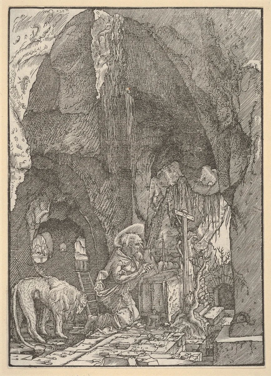 Saint Jerome in Penitence, in a Cave by Albrecht Altdorfer, print, 1500-1538