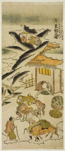 Winter: Storing Rice (Fuyu: kome osame no zu), No. 4 from the series "The Four Seasons of Farmers (Shiki no hyakusho)" by Torii Kiyomasu II (鳥居 清倍), print, 1730-1739