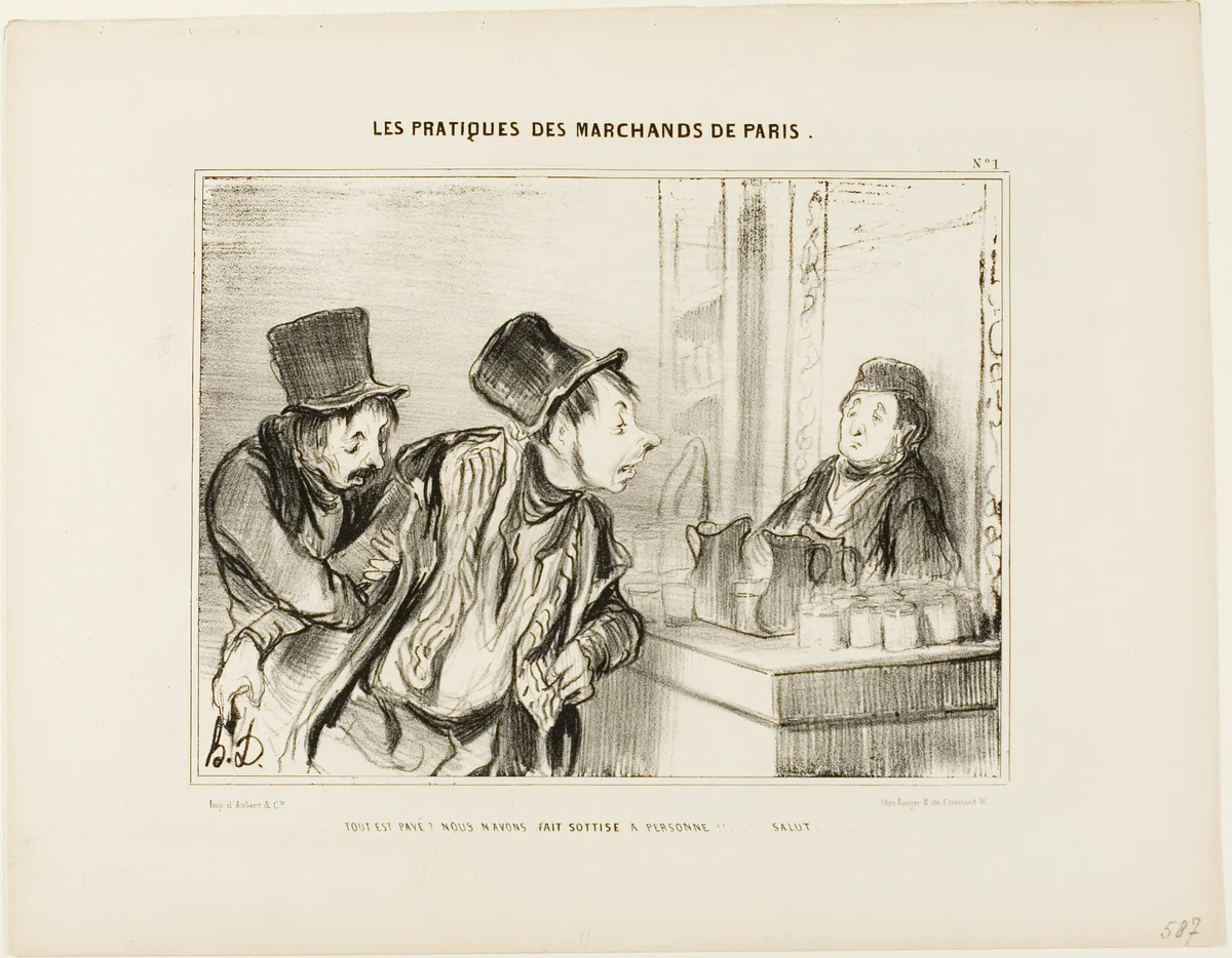 “Everything is Paid for? And We Didn't Insult Anyone… Bye,” plate 31 from Types Parisiens by Honoré-Victorin Daumier, print, 1839
