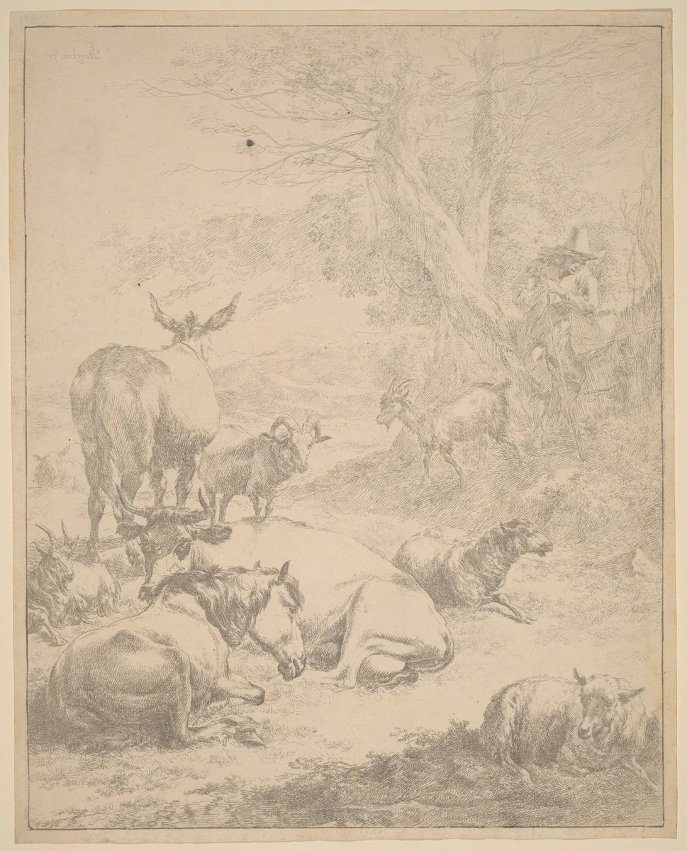Resting Herd by Nicolaes Pietersz Berchem, print, 1620-1683