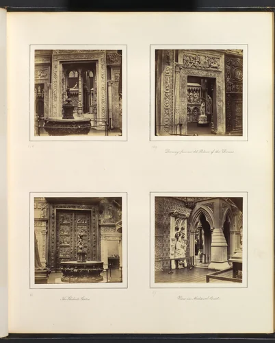 [Entryway to the Renaissance Court; Doorway from an Old Palace of the Dorias; The Ghiberti Gates; View in Medieval Court] by Philip Henry Delamotte, photograph, 1857-1861