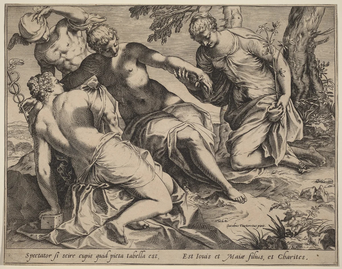 Mercury and the Three Graces by Agostino Carracci; Jacopo Tintoretto, print, 1589