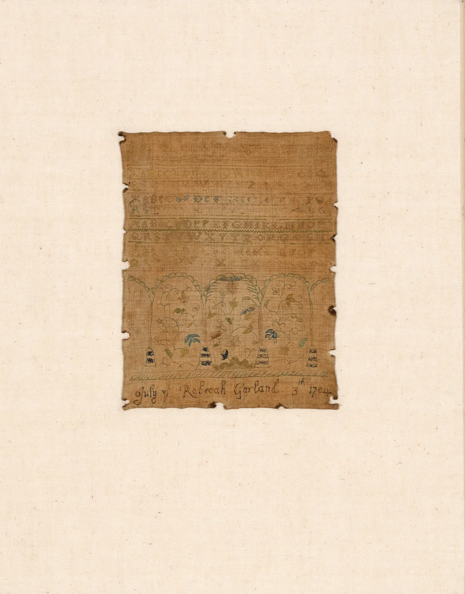 Sampler by Rebecah Garland, textile, 1704
