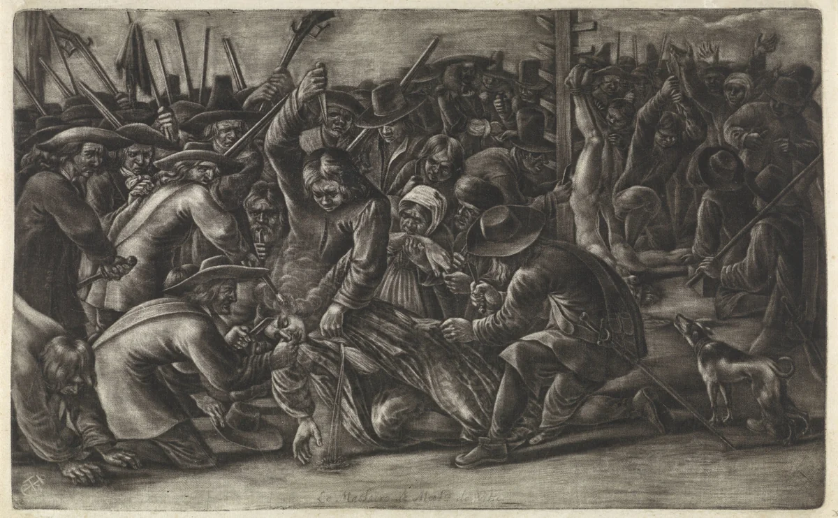 Verminking van de lichamen van de gebroeders De Witt, 1672 by Hendrick Danckerts, print, 1672-1680