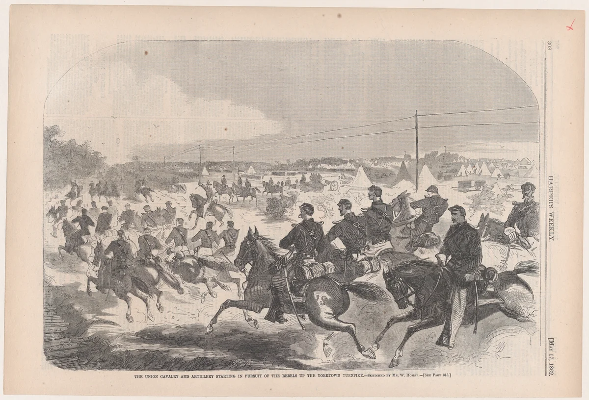 The Union Cavalry and Artillery Starting in Pursuit of the Rebels up the Yorktown Turnpike (from "Harper's Weekly," Vol. VI) by Winslow Homer, print, 1862