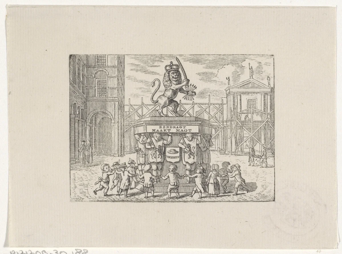 Kinderen dansend in een kring om een monument van de Zeven Provinciën by Hendrik Numan, print, 1746-1788