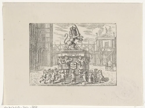Kinderen dansend in een kring om een monument van de Zeven Provinciën by Hendrik Numan, print, 1746-1788