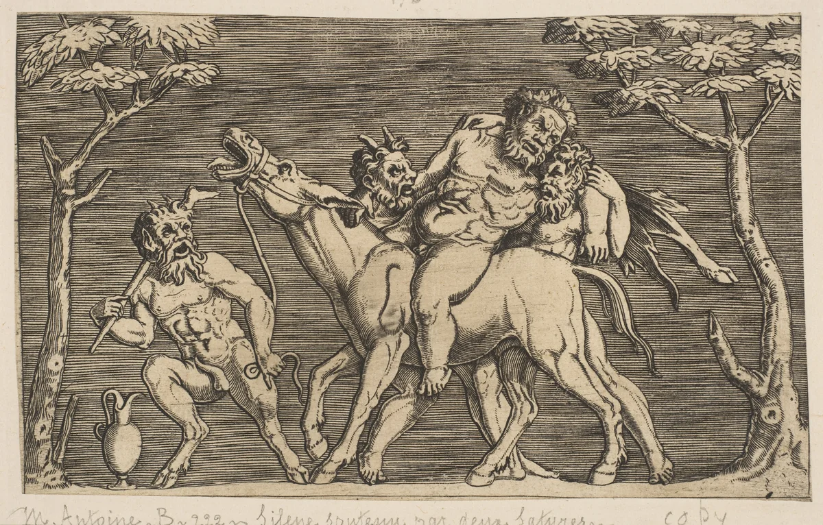 Two satyrs placing Silenus on a braying mule and a third satyr at left by anonymous, print, 1515-1600