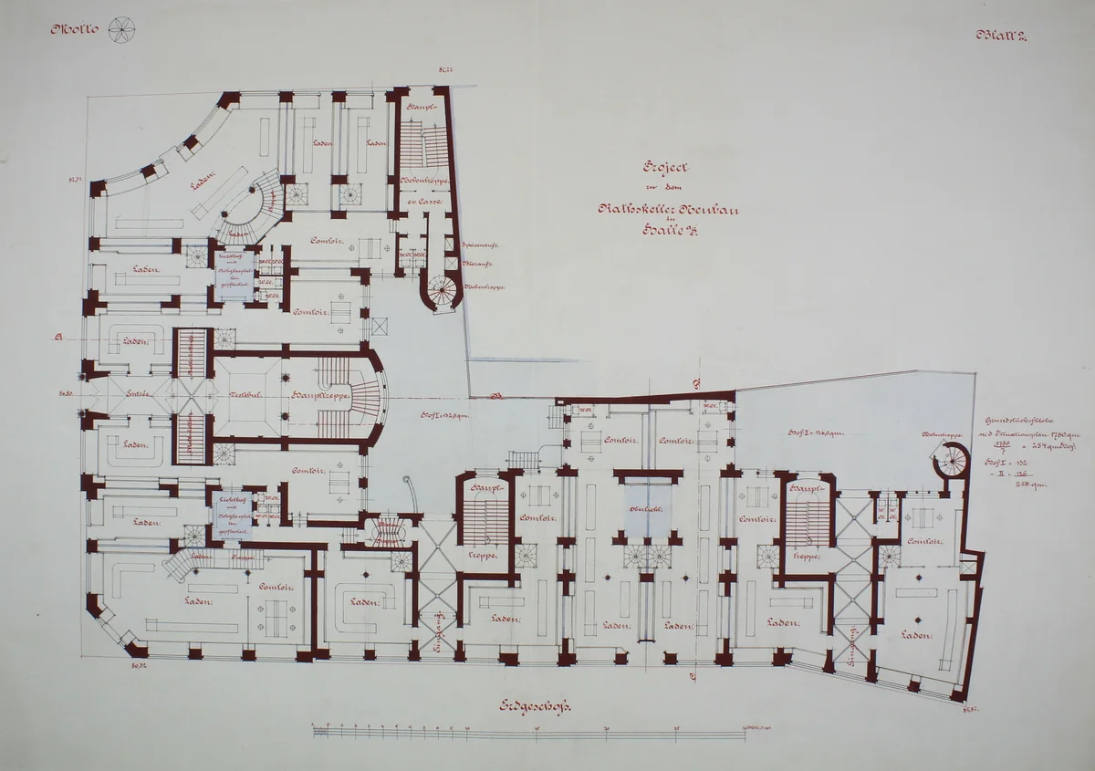 Rathskeller Neubau, Halle (Saale), Saxony-Anhalt, Germany, Ground Floor Plan by Peter J. Weber, drawing, 1882-1892