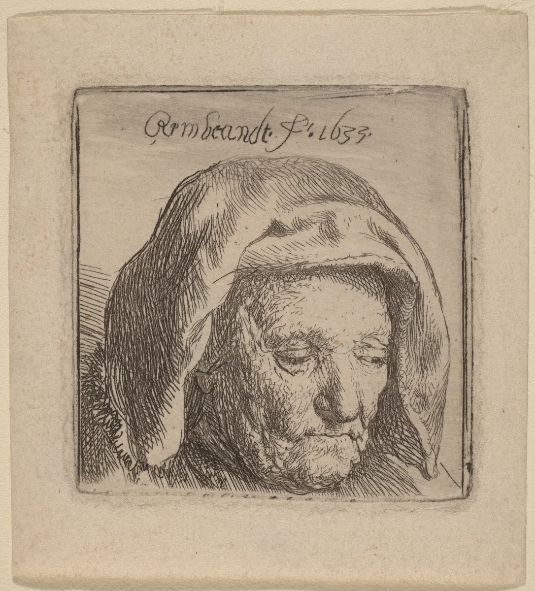 The Artist's Mother in a Cloth Headdress, Looking Down by Rembrandt van Rijn, print, 1633