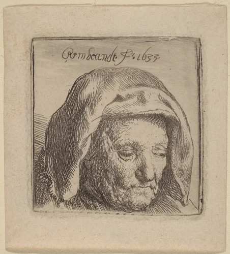 The Artist's Mother in a Cloth Headdress, Looking Down by Rembrandt van Rijn, print, 1633