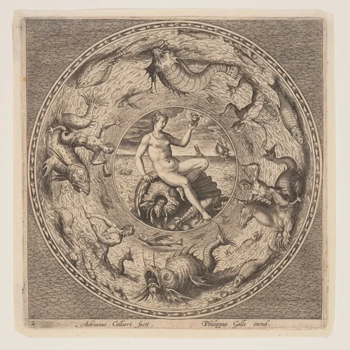 Thetis on a Shell, from a Set of Designs for Plates (Fonds de Coupe) by Adriaen Collaert, print, 1580-1600