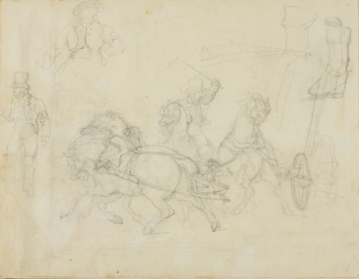 Stagecoach Drawn by Five Horses and Other Sketches by Jean Louis André Théodore Géricault, drawing, 1818-1819