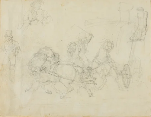 Stagecoach Drawn by Five Horses and Other Sketches by Jean Louis André Théodore Géricault, drawing, 1818-1819