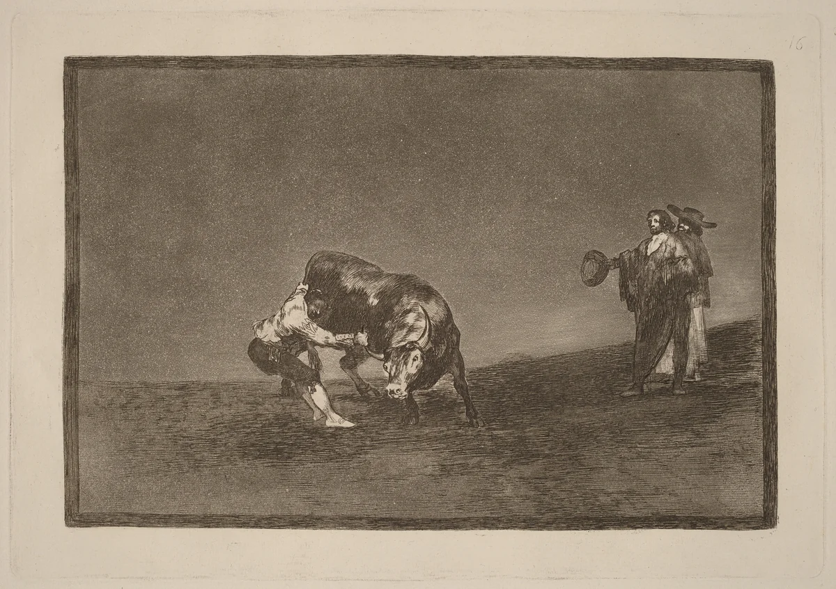 El mismo vuelca un toro en la plaza de Madrid (The Same Man Throws a Bull in the Ring at Madrid) by Francisco Goya, portfolio, 1816