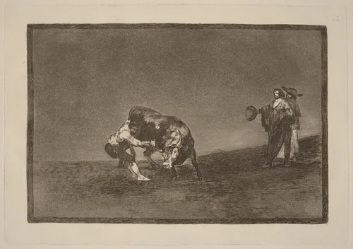 El mismo vuelca un toro en la plaza de Madrid (The Same Man Throws a Bull in the Ring at Madrid) by Francisco Goya, portfolio, 1816