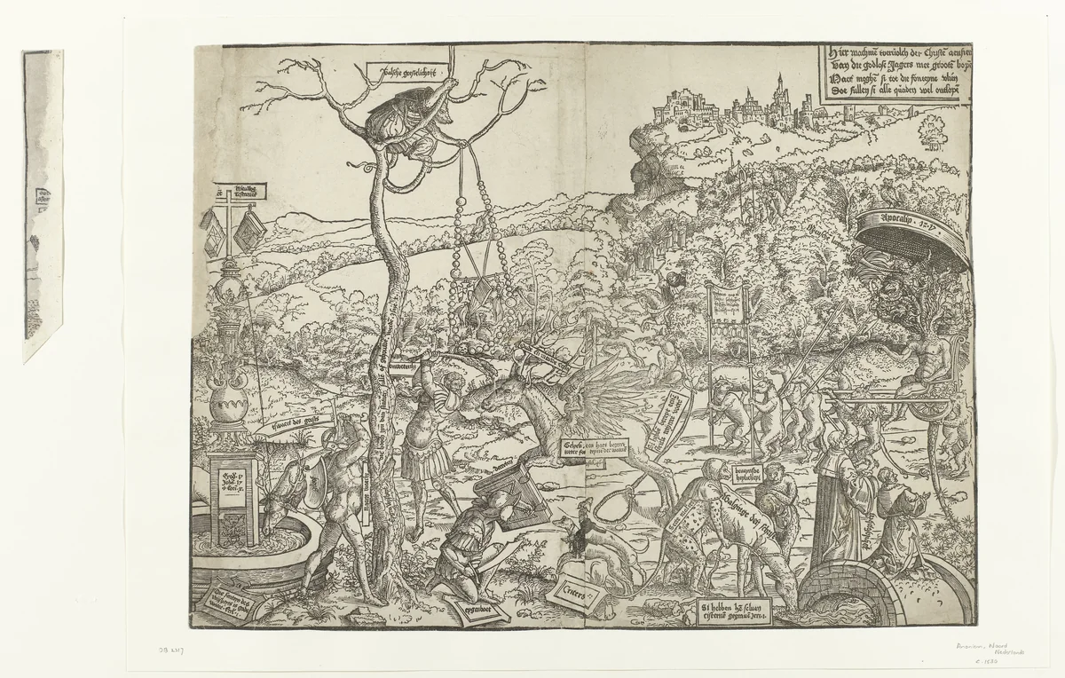 Strijd tussen het Ware Geloof en de valse geestelijkheid by anonymous, print, 1530