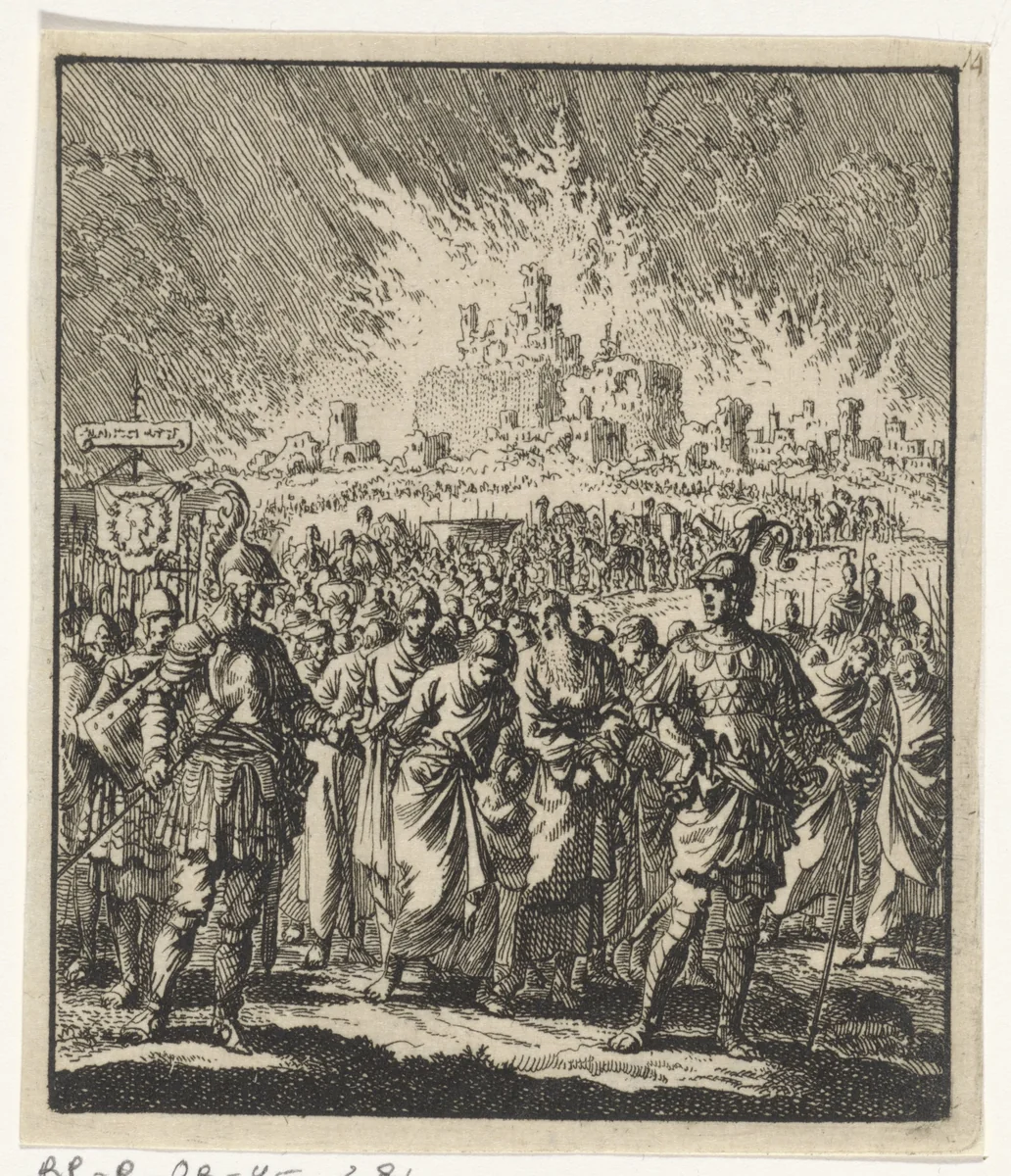 Israëlieten verlaten het brandende Jeruzalem by Jan Luyken, print, 1706
