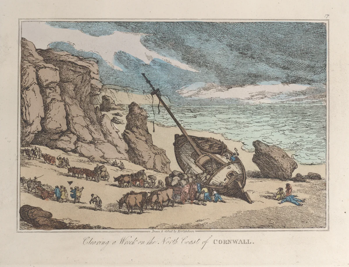 Clearing a Wreck on the North Coast of Cornwall by Thomas Rowlandson, print, 1822