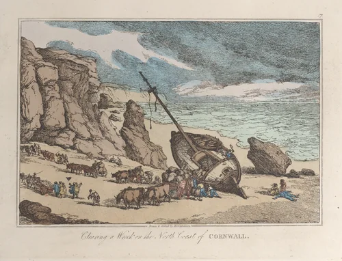 Clearing a Wreck on the North Coast of Cornwall by Thomas Rowlandson, print, 1822