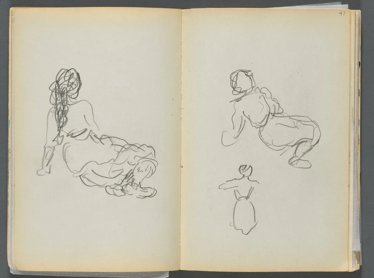 Sketchbook- The Granite Shore Hotel, Rockport, page 046 & 47: Seated Figures by Maurice Prendergast, book, 1905-1910