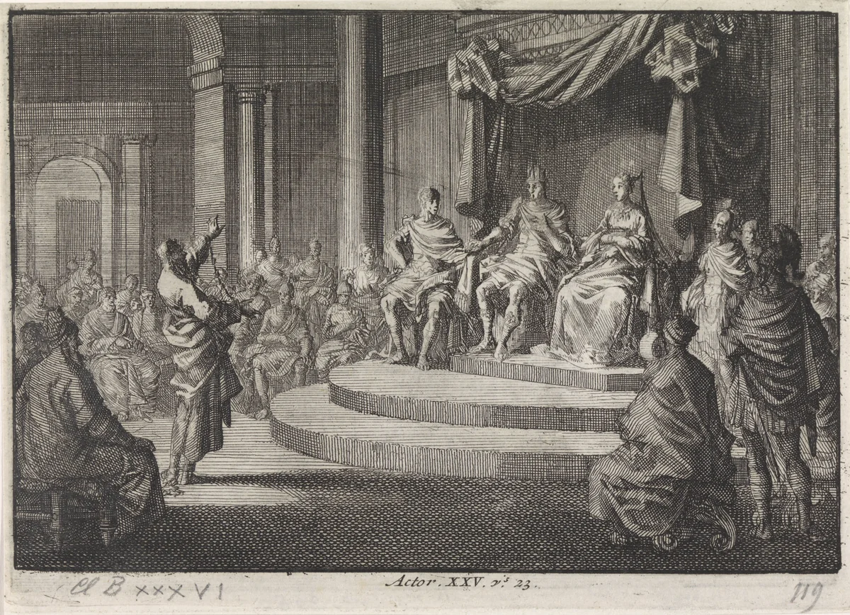 Paulus geketend voor koning Agrippa by Jan Luyken, print, 1703-1762
