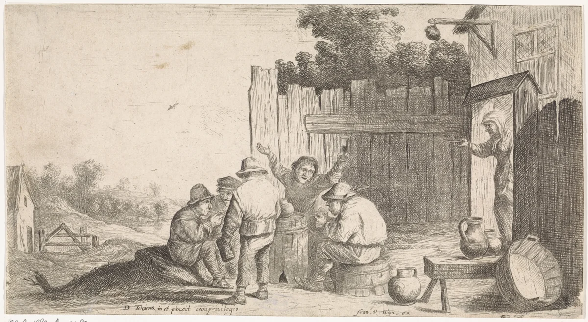 Vijf boeren rond een ton by anonymous, print, 1636-1679