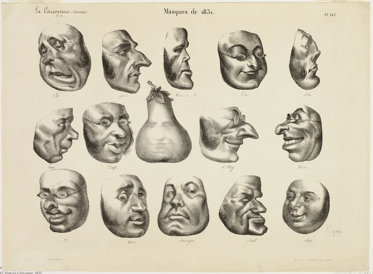 Masks of 1831, plate 143 from La Caricature by Honoré-Victorin Daumier, print, 1832