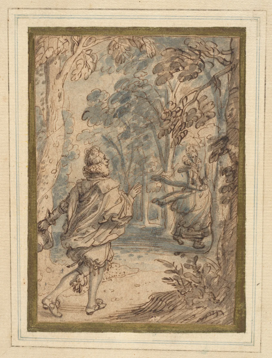 A Young Man Pursuing His Beloved into the Woods by David Vinckboons, drawing, 1618-1623