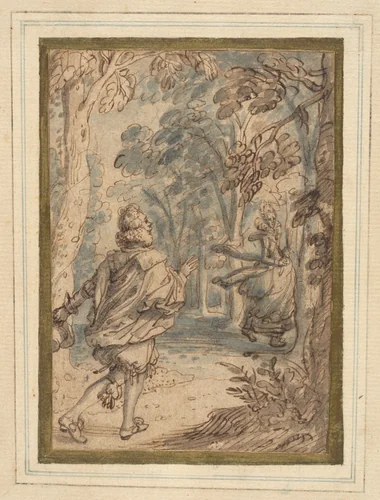 A Young Man Pursuing His Beloved into the Woods by David Vinckboons, drawing, 1618-1623