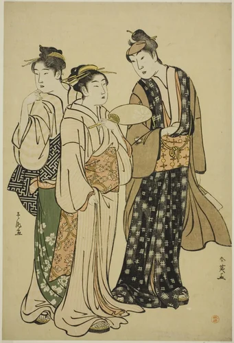 The Actor Iwai Hanshiro IV in Street Attire (by Shun'ei) Conversing with Two Women (by Shuncho) by Katsukawa Shun'ei
Katsukawa Shuncho, print, 1783-1793