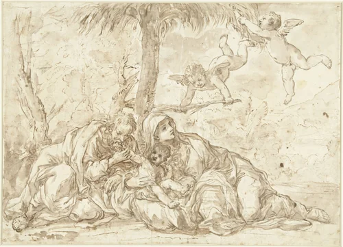Heilige Familie rustend onder een palmboom by anonymous, drawing, 1600-1699
