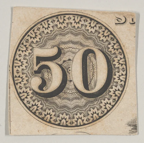 Banknote motif: the number 50 against an ornamental lathe work rondel resembling lace by Cyrus Durand, print, 1819-1847